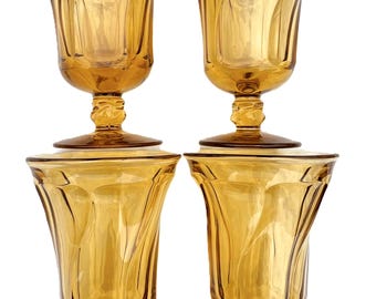 Set of 4 Fostoria #2719 Jamestown Amber 11-oz. Footed Iced Tea Glasses in Excellent Seemingly-Unused Condition Produced 1958-82