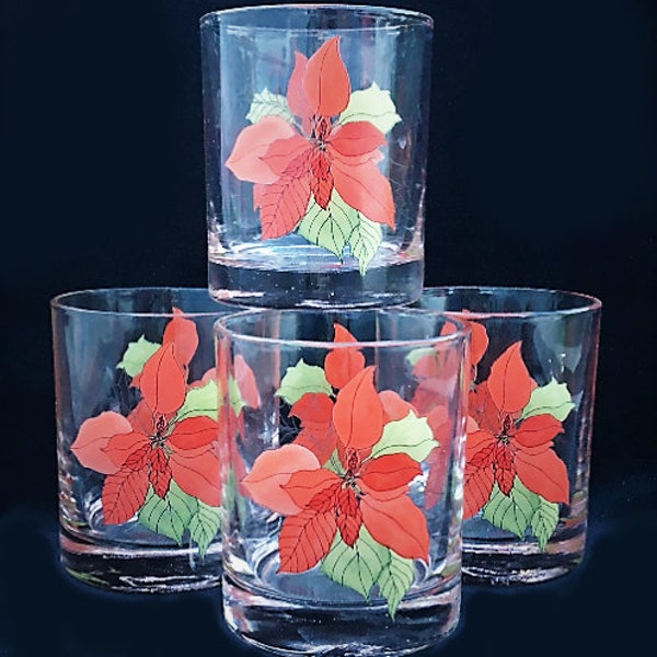 Set of 4 Block Spal Poinsettia Watercolors 8-oz. Double Old Fashioned Bar Glasses in Excellent Condition