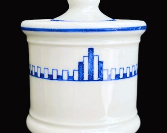Very Rare Jackson Hotel Diner Restaurant Blue on White "Skyline" Art Deco 4-oz. Mustard or Condiment Jar in Excellent Lightly-Used Condition