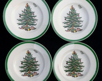 Set of 4 Spode Christmas Tree 6-1/2&quot; Bread & Butter or Party Plates with Green Trim in Excellent Condition Made in England