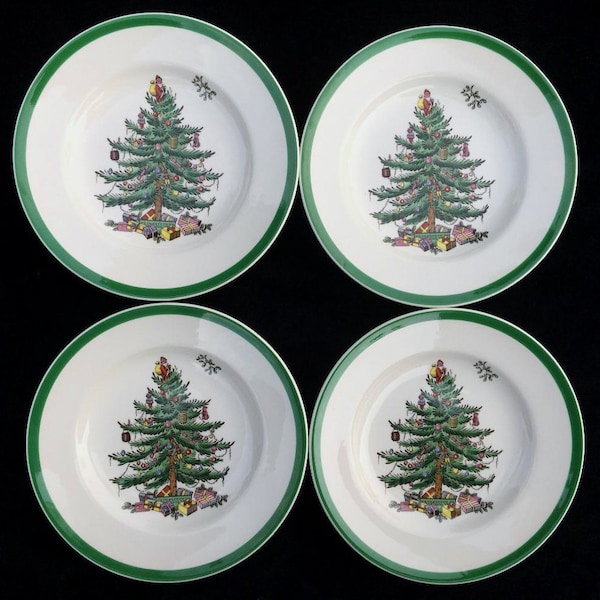 Set of 4 Spode Christmas Tree 6-1/2" Bread & Butter or Party Plates with Green Trim in Excellent Condition Made in England