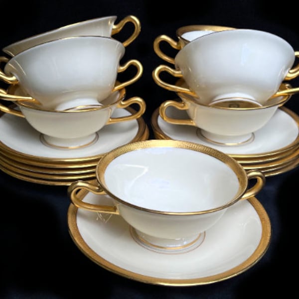 Very H-T-F Lenox "J-19" 4-3/8" 6-oz. Footed Cream Soup Bowls and Underplates Encrusted Gold Band Excellent Condition Sold as Separate Pieces