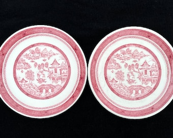 Set of 2 Very H-T-F Syracuse Restaurant Hotel Asian China Red on Ivory "Old Cathay" 9" Coupe-Shape Plates in Good Lightly Used Condition