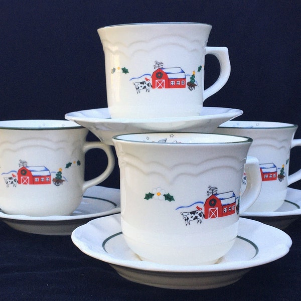 Set of 4 Pfaltzgraff "Snow Village" 8-oz Cups and Saucers in Excellent, Seemingly-Unused Condition