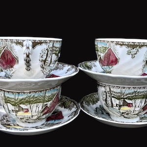 Set of 4 Johnson Bros Friendly Village &quot;The Ice House&quot; 6-oz. Cups and Saucers in Excellent Seemingly Unused Condition Made in England