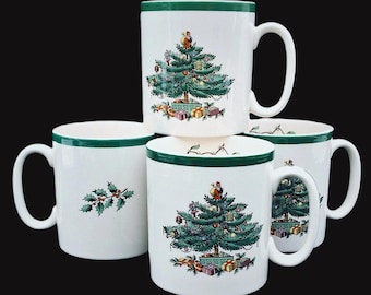 Set of Four Spode Christmas Tree 8 oz. Tom & Jerry or Coffee Mugs with Green Trim in Excellent Condition Made in England