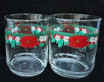 Set of 2 Tienshan "Deck the Halls" Pattern 12-oz Double Old Fashioned Glasses in Excellent Seemingly Unused Condition Made by Libbey