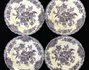 Set of 4 Crown Ducal Mulberry Purple "Bristol" Pattern 7-7/8" Scalloped Salad Plates in Pristine Seemingly Unused Condition