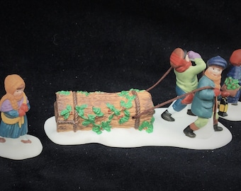 Dept 56 Dickens' Village #55581 "Bringing Home the Yule Log" 3-Piece Hand-Painted Ceramic Accessory in Excellent Condition Original Box