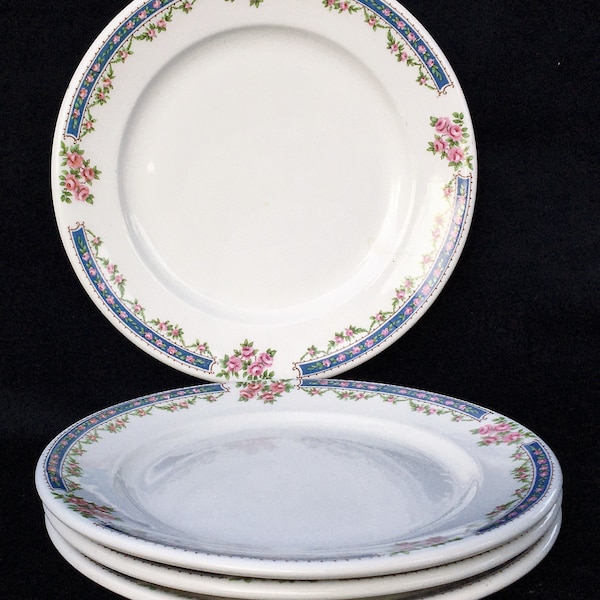 Set of 4 Scammell's Trenton China Restaurant Hotel Pink Roses Pattern 9" Dinner/Luncheon Plates in Excellent Very Lightly Used Condition