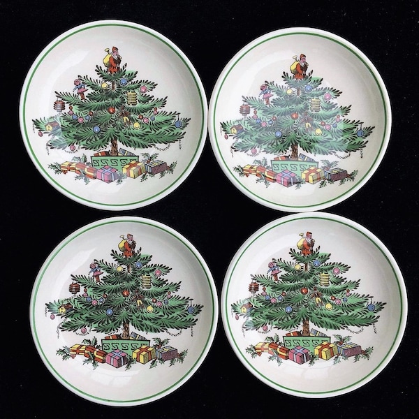 Set of 4 Spode Christmas Tree 3" Butter Pats with Green Trim in Excellent Seemingly-Unused Condition Made in England