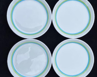 Set of 4 Shenango Restaurant Hotel Diner China Modern 8.75" Turquoise and Chartreuse "DUö" on "FöRM" MCM Shape Plates in Good Used Condition