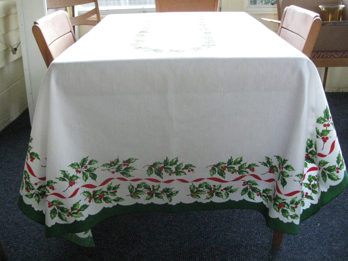 Vintage Lenox Holiday Christmas Tablecloth Holly and Ribbons Etsy