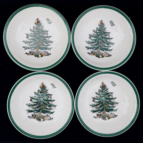 Set of 4 Spode Christmas Tree 6-1/4" Rimless Coupe Cereal Bowls with Green Trim in Excellent Condition Made in England