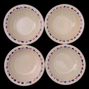Set of 4 Syracuse Diner Hotel Restaurant China Tan "Econo-Rim" 4-5/8" Berry Bowls with Maroon & Blue "Etruscan" Trim in Excellent Condition