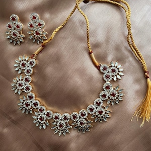 Gold-Tone Round Pear Ruby Red Necklace and Earrings Set