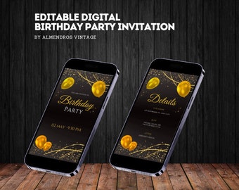 Digital Birthday Invitation. Editable Animated Video Birthday Party invite in black and gold. Easy to edit in Canva. Send by phone.