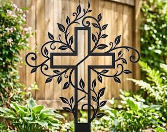 Estaca de jardín con cruz cristiana, cruz floral de metal para jardín, estaca conmemorativa para jardín, decoración religiosa para exteriores, letrero de fe para jardín, regalo de condolencia