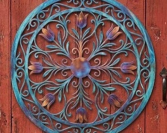 Round Floral Mandala Metal Wall Art, Rustic Garden Door Decor, Colorful Flower Wall Sign, Farmhouse Porch Decor