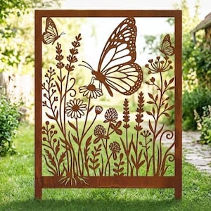 May include: A rectangular metal garden screen with a rust-colored finish featuring a laser-cut design of a large butterfly, smaller butterflies, and various wildflowers including daisies and lavender stems within a simple frame structure.