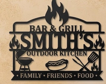 Enseigne en métal personnalisée pour cuisine extérieure, décoration murale personnalisée pour bar et gril, enseigne pour patio barbecue avec nom de famille, cadeau pour grill