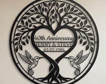 Personalized Anniversary Tree Metal Sign, Custom Couple Name Wall Art, Hummingbird Heart Tree Wedding Gift