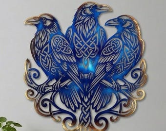 Celtic Raven Metal Wall Art, Triple Raven Wall Decor, Norse Bird Wall Sign, Viking Inspired Home Decor Gift