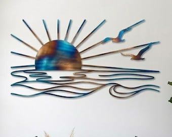 Coastal Sunset Metal Wall Art, Ocean Wave Seagull Wall Decor, Beach House Wall Sign, Nautical Living Room Art