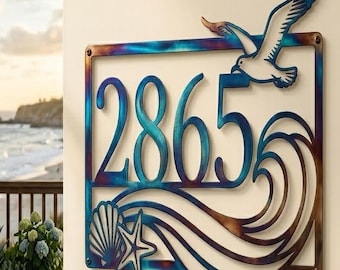 Custom Coastal Address Metal Sign, Beach House Number Wall Decor, Ocean Wave Seagull Metal Art, Nautical Porch Sign