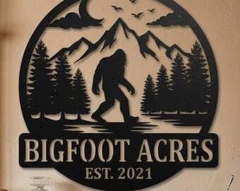 Personalized Bigfoot Metal Wall Art, Custom Cabin Name Sign, Sasquatch Forest Decor, Rustic Lodge Bar Wall Art