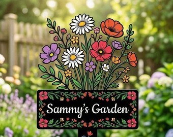 Tuteur de fleurs personnalisé pour jardin, enseigne de jardin de fleurs sauvages personnalisée, décoration de jardin en métal colorée, cadeau de jardinier
