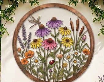 Wildflower Garden Metal Wall Art, Colorful Floral Wall Decor, Round Botanical Metal Sign, Spring Patio Decor, Nature Gift
