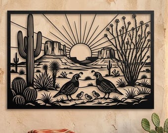 Puede incluir: Una pieza de arte mural rectangular de metal negro que muestra un paisaje desértico con un sol radiante, mesetas, un cactus saguaro alto, un ocotillo y dos codornices adultas con tres polluelos en el suelo con un diseño de silueta recortada.