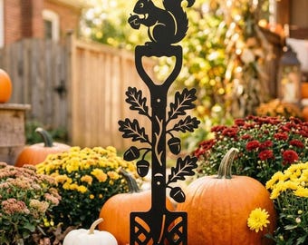 Pieu de jardin écureuil, pelle gland, oeuvre d'art en métal, décoration de jardin automne, ornement de pelouse extérieure automne, cadeau de jardinier