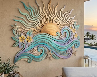 Tropical Sun Wave Metal Wall Art, Coastal Beach Patio Decor, Plumeria Ocean Wall Sign, Hawaiian House Gift