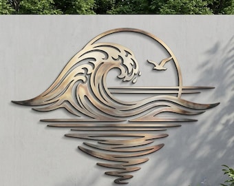 Ocean Wave Metal Wall Art, Coastal Wave Wall Decor, Beach House Seagull Sign, Nautical Outdoor Patio Art