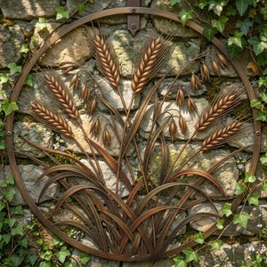 Könnte beinhalten: Ein kreisförmiges Wandkunstobjekt aus bronzefarbenem Metall mit einem detaillierten Relief aus Weizenähren und Grashalmen. Das Design ist in einen dünnen, runden Metallrahmen eingefasst und zeigt texturierte Getreideköpfe und lange Stängel.