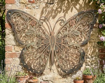 Large Butterfly Metal Wall Art, Floral Butterfly Garden Wall Decor, Rustic Outdoor Metal Sign, Patio Wall Art