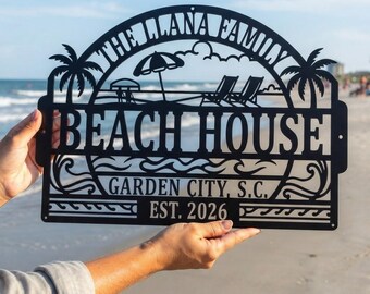 Personalisierte Beach House Metallschild, benutzerdefinierte Familienname Küstenwanddekor, Ocean Urlaub Haus Zeichen, Strand Liebhaber Geschenk