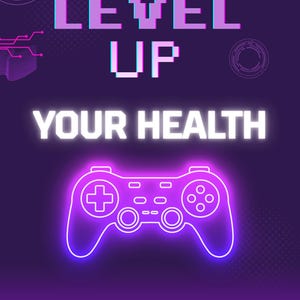 Op de afbeelding: Paarse afbeelding met de woorden "LEVEL UP YOUR HEALTH" in het wit en een neonpaarse gamecontroller. De tekst "FITNESS PLANNER FOR GAMERS" staat onderaan. De achtergrond is een paarse gradiënt.