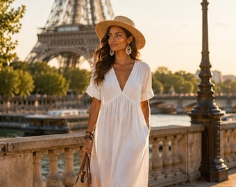 Vestido largo de lino de París / Conjunto bohemio blanco fluido con escote en V para vacaciones de verano