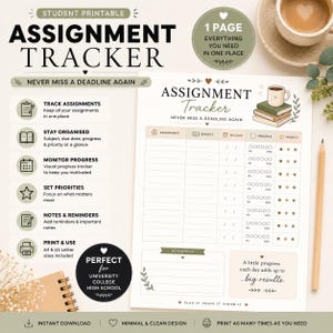 Op de afbeelding: Een printbare opdrachtenplanner voor studenten met een tabel voor opdrachten, vakken, deadlines, voortgang en prioriteit. De pagina bevat een sectie voor herinneringen, een citaat en illustraties van een koffiekopje op boeken.