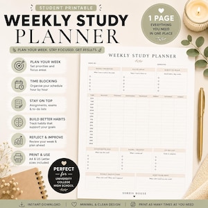 Minimalist Weekly Study Planner Printable PDF (Digital Download)