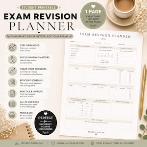 May include: A printable exam revision planner document featuring sections for exam information, confidence ratings, priority topics, a revision schedule, practice and past papers, key resources, and notes. The layout includes text headers.