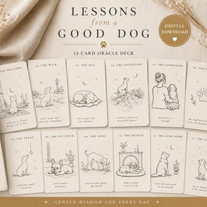 May include: A 12-card oracle deck titled "Lessons from a Good Dog" with illustrations of dogs. The cards are beige with black line drawings and text. The deck includes a book and a candle.