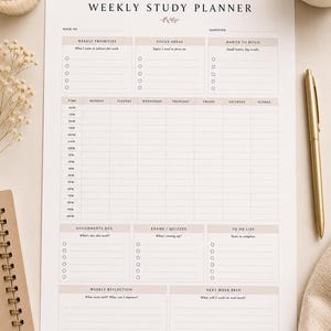 May include: A white weekly study planner sheet with black text and light brown headers. The layout includes sections for weekly priorities, focus areas, habits, a daily schedule from 6 AM to 10 PM, assignments, exams, a to-do list, and reflection.