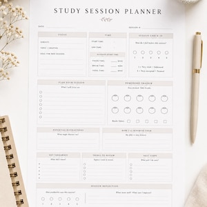 May include: A white Study Session Planner paper template with black text and lines. Sections include Focus, Time, Session Check-in, Plan Your Session, Pomodoro Tracker, Potential Distractions, Key Takeaways, Things to Review, Next Steps, and Session Reflection.