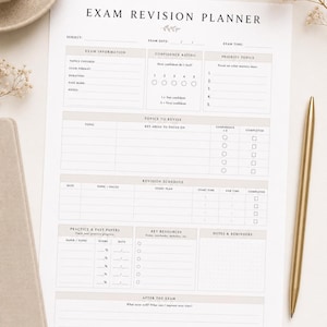 Peut inclure: Un planificateur de révision d'examen en papier blanc avec du texte et des lignes noirs. Le document comprend des sections pour les informations d'examen, les niveaux de confiance, les sujets prioritaires, le planning, les notes, marqué Serein House.