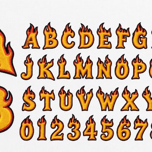 May include: A complete set of embroidered alphabet letters from A to Z and numbers from 0 to 9. Each character features a vibrant yellow and orange flame design with a dark red outline, creating a stylized fire effect for each individual letter.