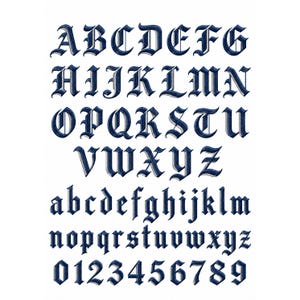 May include: A complete set of embroidered characters featuring uppercase letters A through Z, lowercase letters a through z, and numerals 0 through 9. Each character is rendered in a dark navy blue thread with a distinct gothic typeface style.